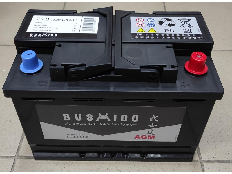 Аккумулятор Bushido AGM 75 a/h 760A R+