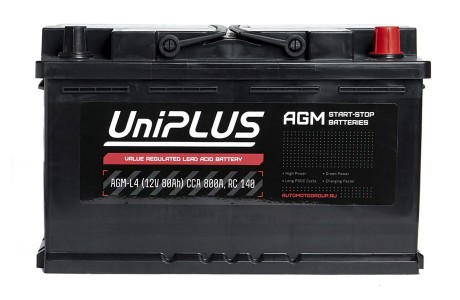 Аккумулятор UniPLUS AGM 80 a/h 800A R+