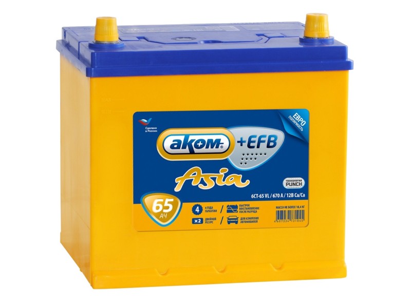 Аккумулятор AKOM Asia +EFB 65 A/h 670A R+
